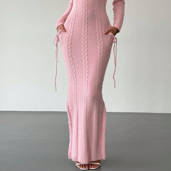 Pink Elegant Women's Warm Cinched Waist Knitted Dress - Picture 6 of 8